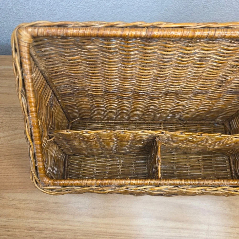 Vintage Wicker Rattan Desk Top Organizer File Letter Holder Storage Basket